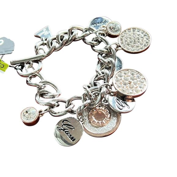 Guess Y2K Charm Link Bracelet Silver Rose Gold Crystal Logo Dangle Modern Glam - Picture 7 of 12